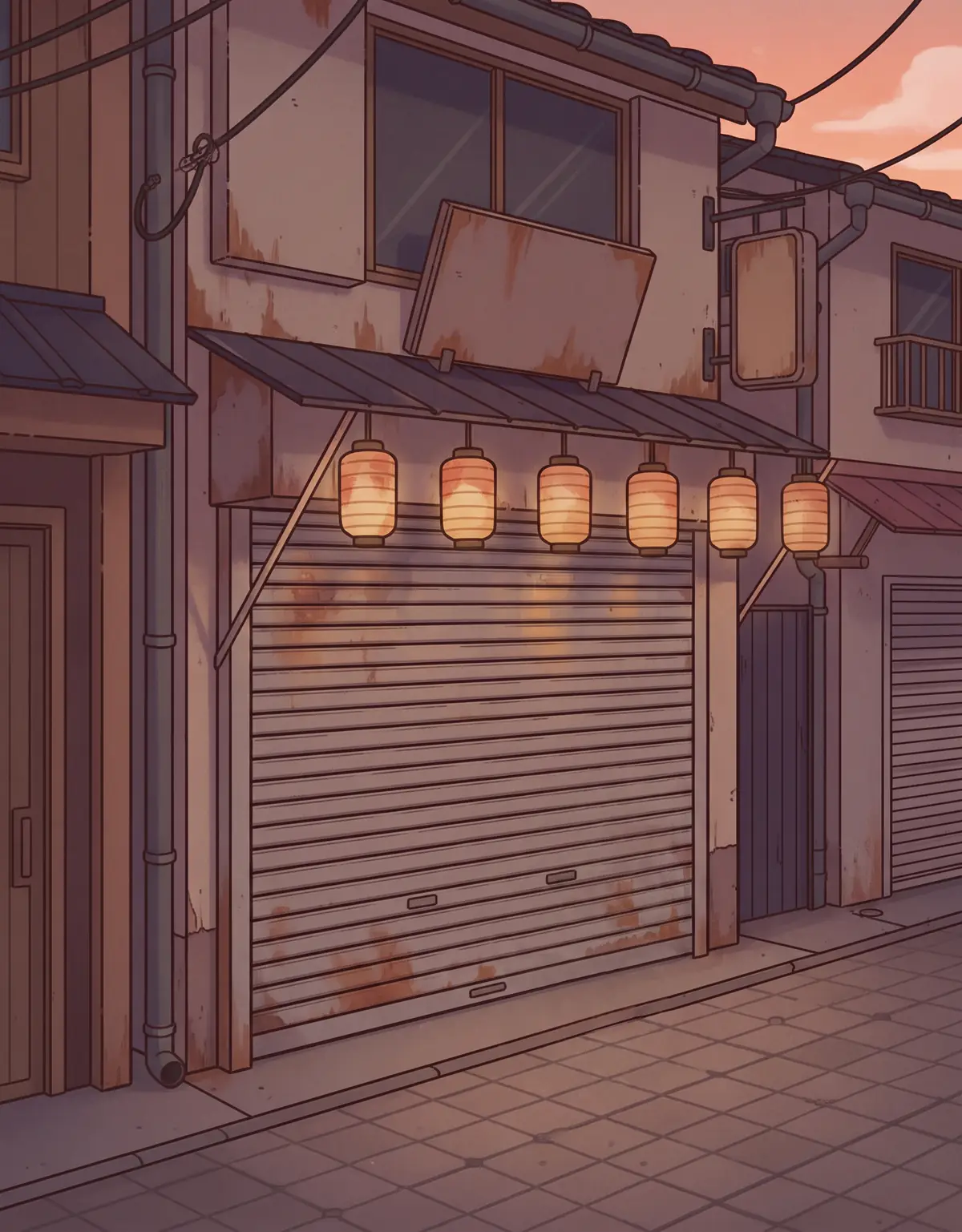 A closed antique shop with a rusty shutter in a narrow Tokyo alley at dusk. Gen‑san, an old man in a red kimono, holds a key.