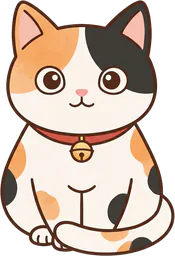 Mochi, a calico cat with a red collar and a little bell.