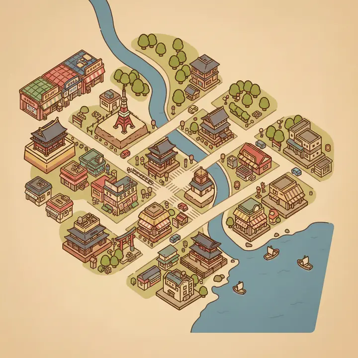 An illustrated map of Tokyo.