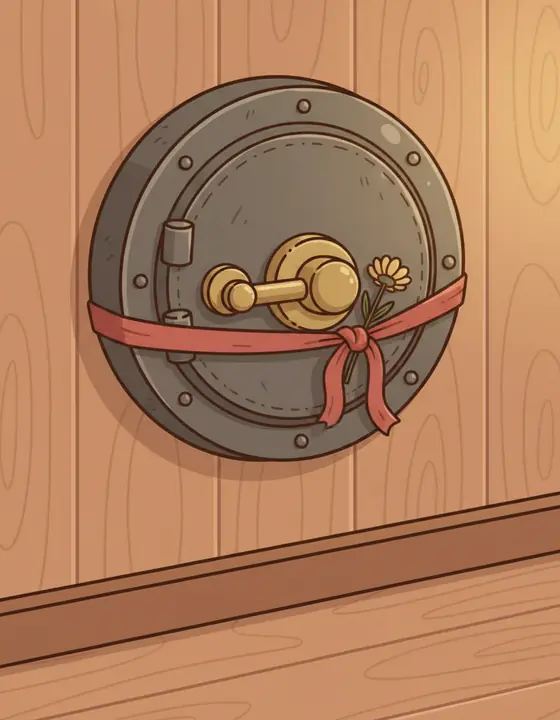 A round steel safe on a wooden wall, tied with a faded red ribbon and a dried flower.